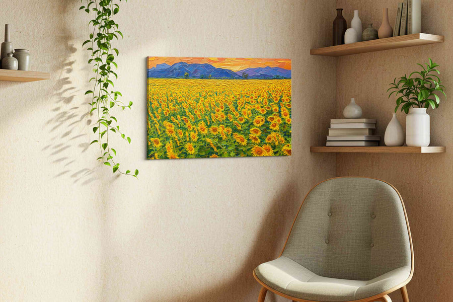 Amber Bloom Horizon sunflowers canvas print, displayed in a living room