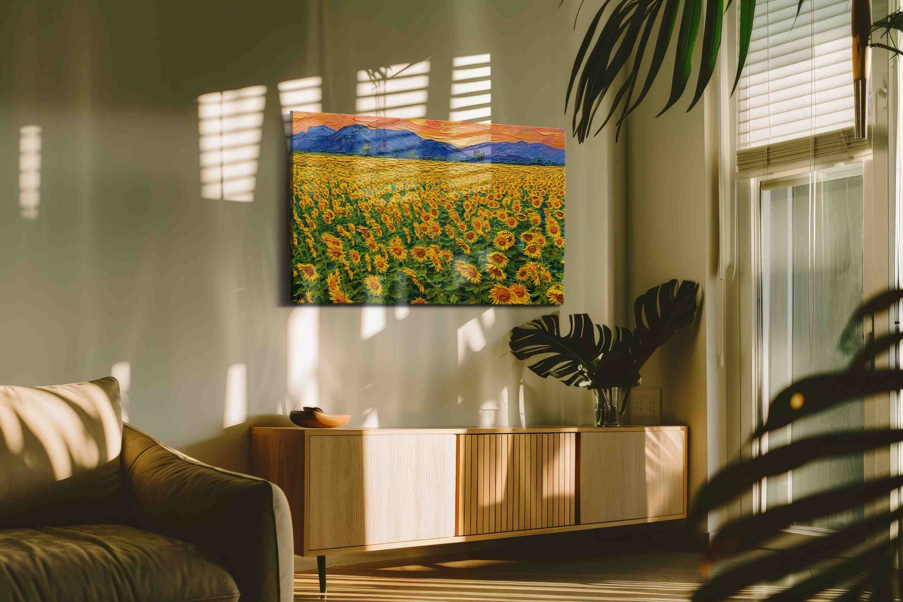 Amber Bloom Horizon sunflowers canvas print, on wall, lifestyle preview