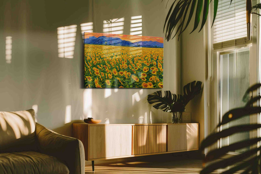 Amber Bloom Horizon sunflowers canvas print, on wall, lifestyle preview