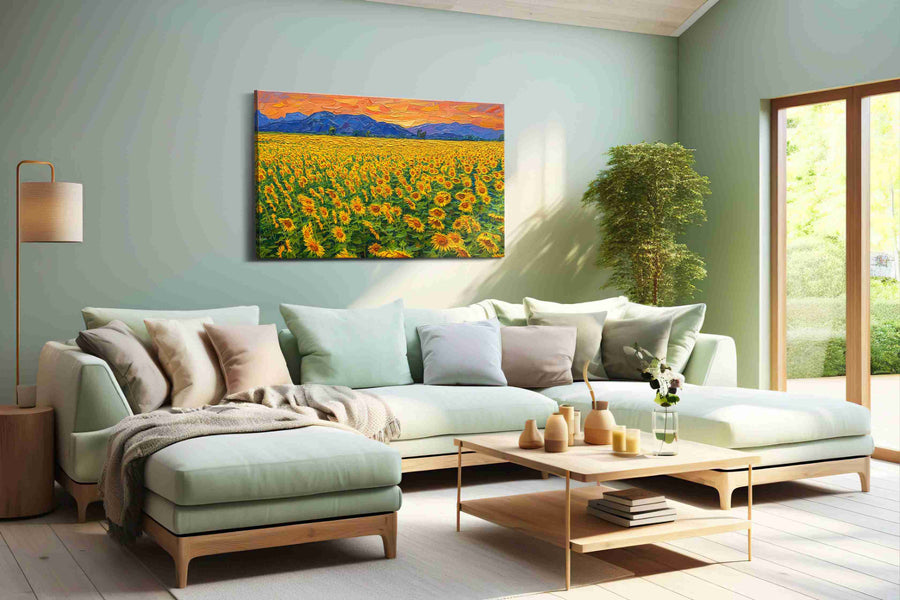 Amber Bloom Horizon sunflowers canvas print, hanging on wall