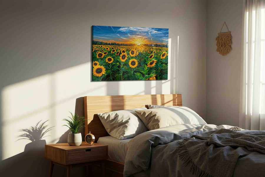 Helios in Bloom sunflowers canvas print, displayed in a bedroom