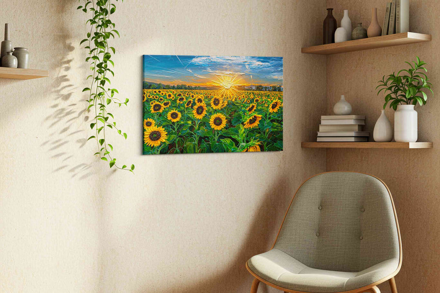 Helios in Bloom sunflowers canvas print, displayed in a living room