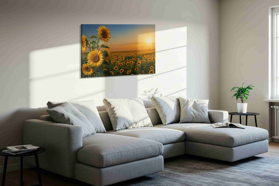 Heliotrope Horizon sunflowers canvas print in a living room scene