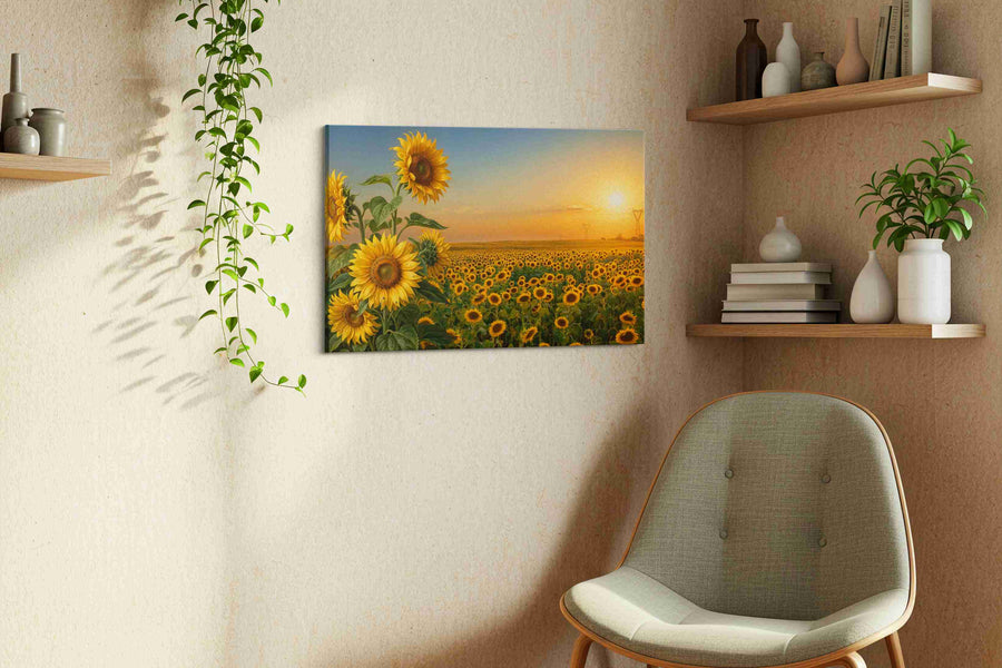 Heliotrope Horizon sunflowers canvas print, displayed in a living room