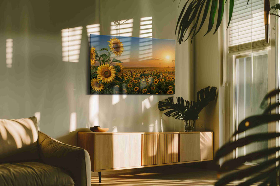 Heliotrope Horizon sunflowers canvas print, on wall, lifestyle preview