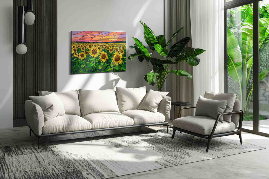 Saffron Sky Bloomfield sunflowers canvas print in a modern interior mockup