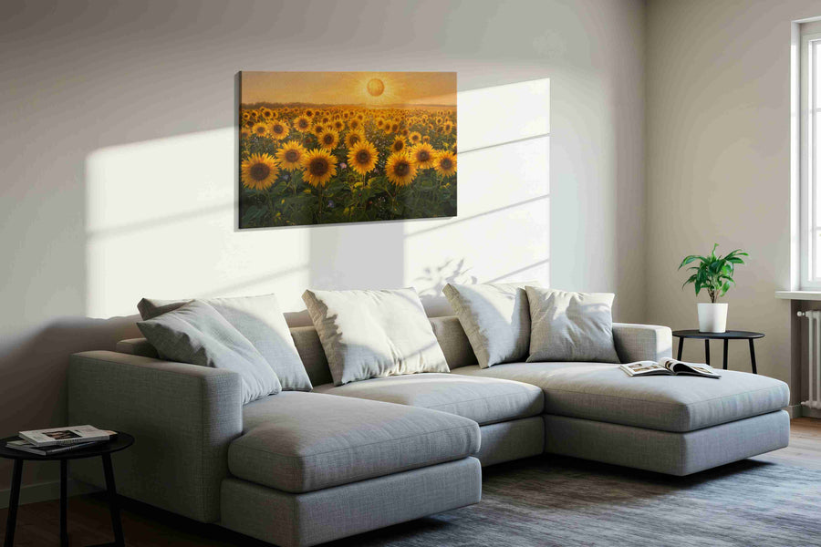 Solar Hymn of Sunflowers sunflowers canvas print in a living room scene