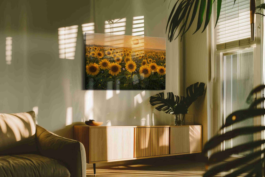 Solar Hymn of Sunflowers sunflowers canvas print in a hung canvas mockup