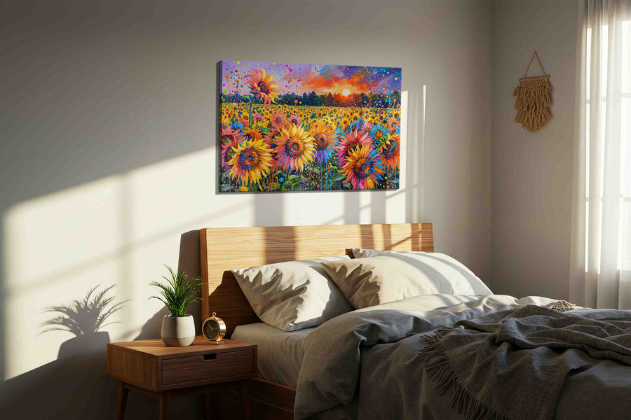 Sunfire Petal Carnival sunflowers canvas print, displayed in a bedroom