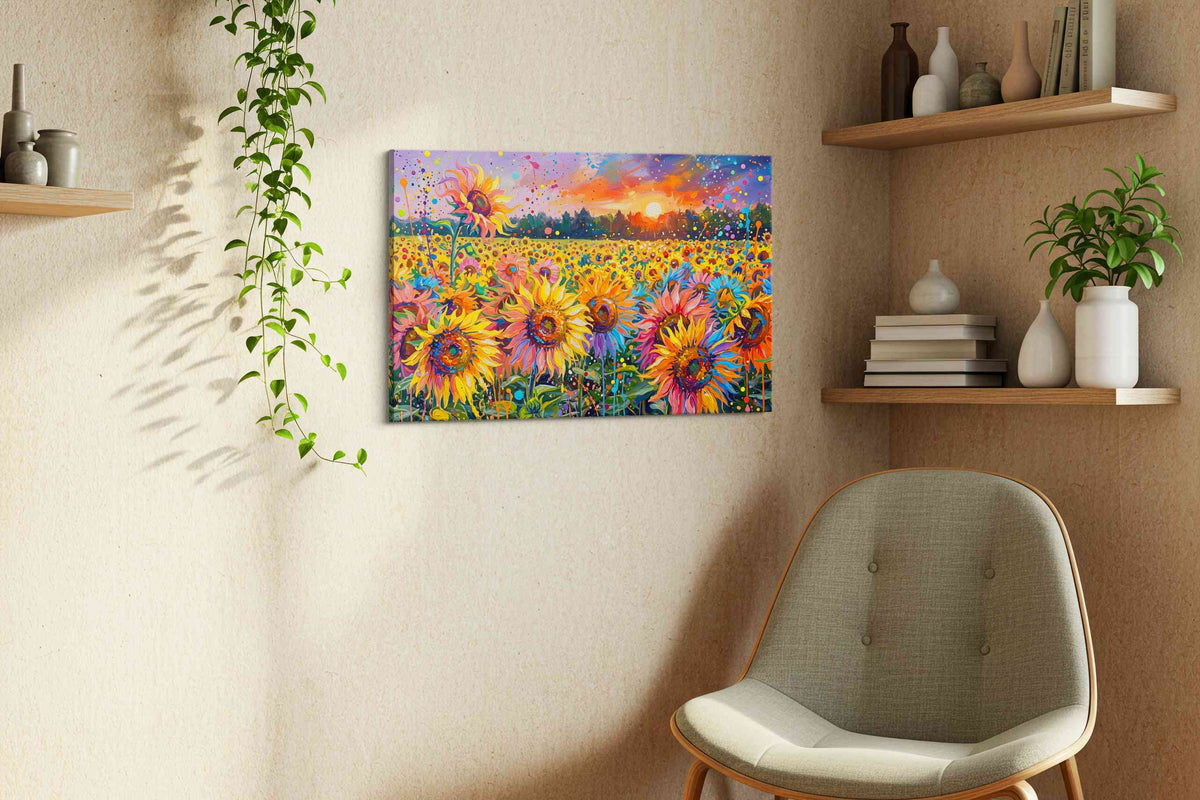 Sunfire Petal Carnival sunflowers canvas print, displayed in a living room