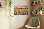 Sunfire Petal Carnival sunflowers canvas print, displayed in a living room