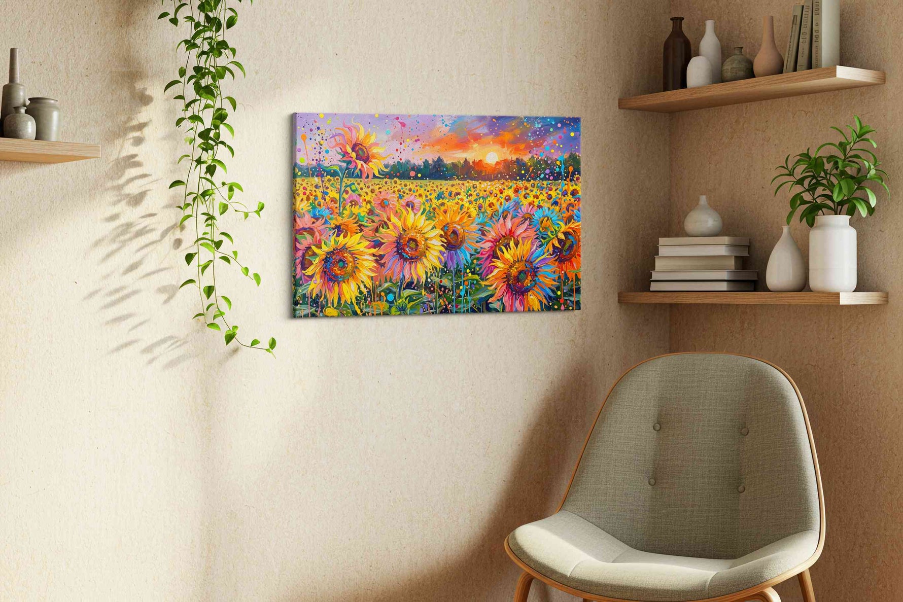 Sunfire Petal Carnival sunflowers canvas print, displayed in a living room
