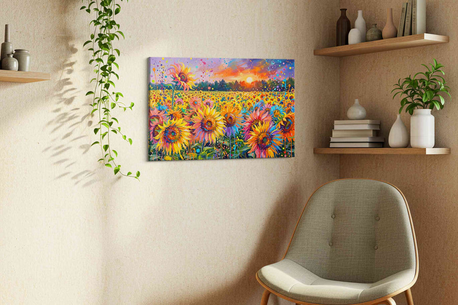 Sunfire Petal Carnival sunflowers canvas print, displayed in a living room