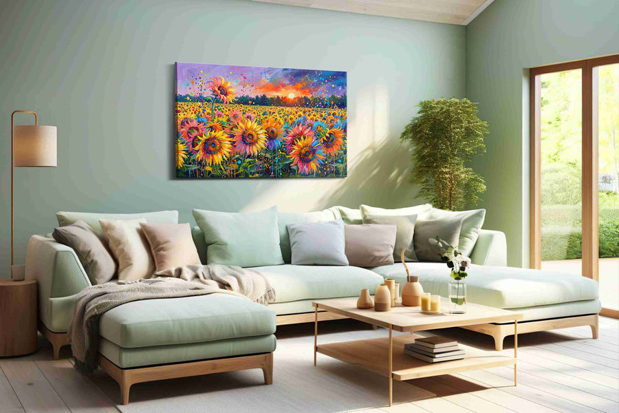 Sunfire Petal Carnival sunflowers canvas print, hanging on wall