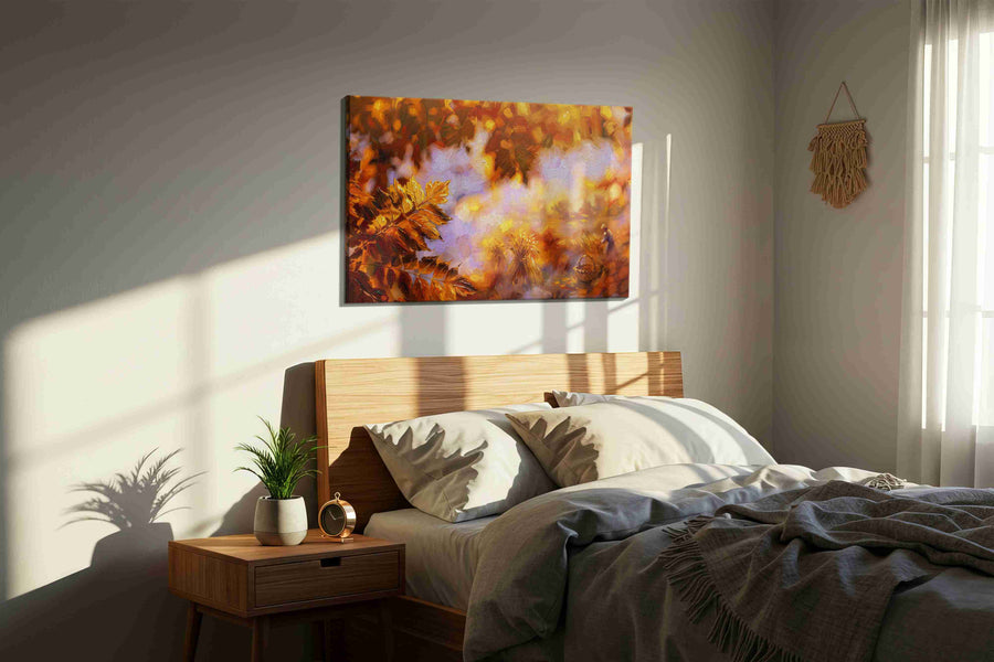 Amber Harvest Reverie autumn canvas print, displayed in a bedroom