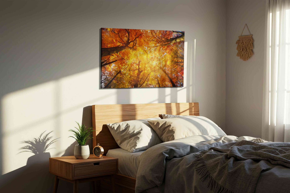 Cathedral of Amber Leaves autumn canvas print, displayed in a bedroom