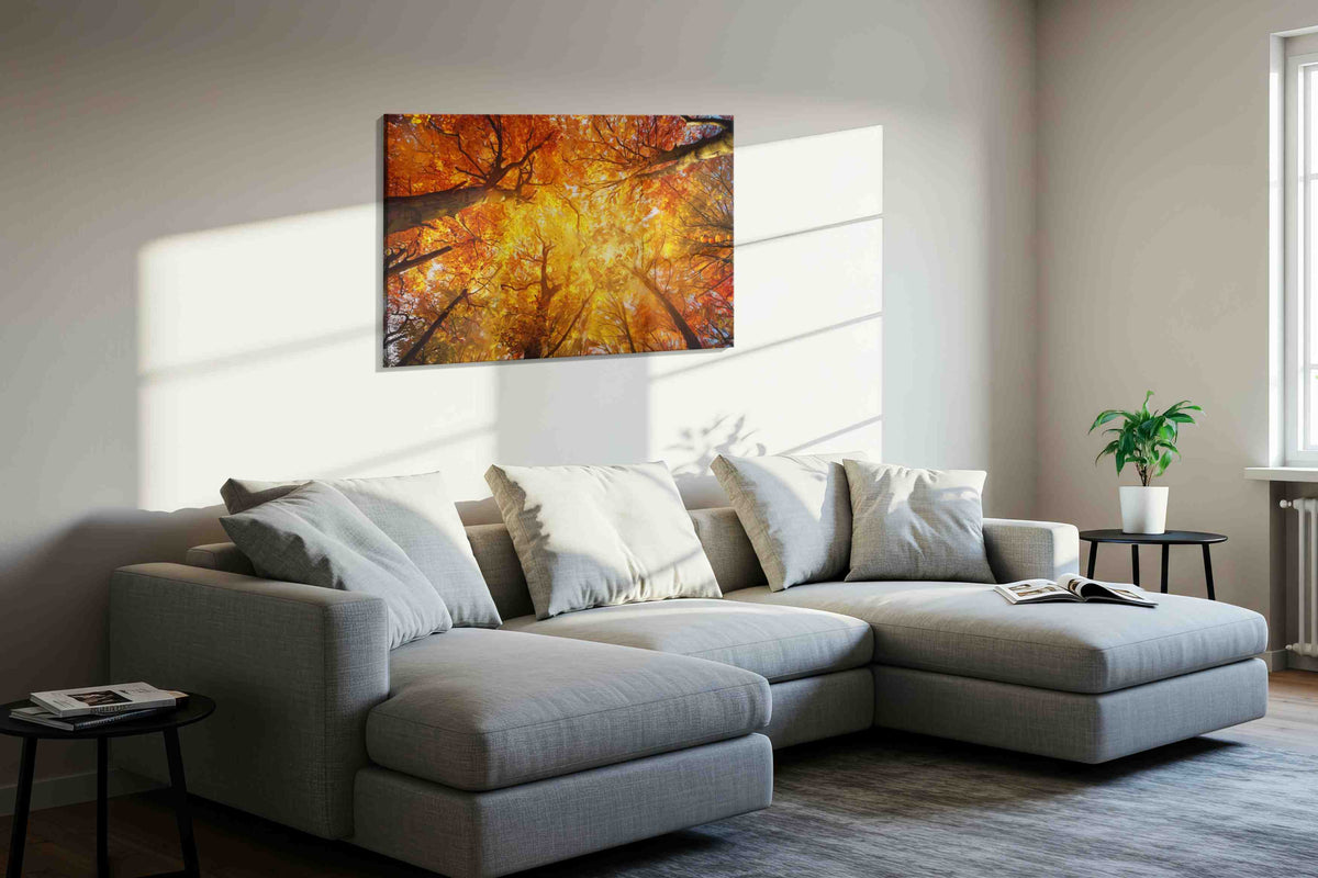 Cathedral of Amber Leaves autumn canvas print, displayed in a living room