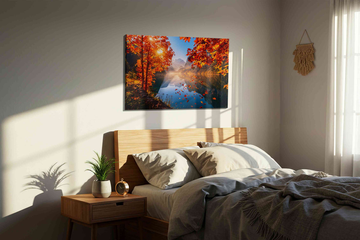 Emberfall Over Mirror Lake autumn canvas print, displayed in a bedroom