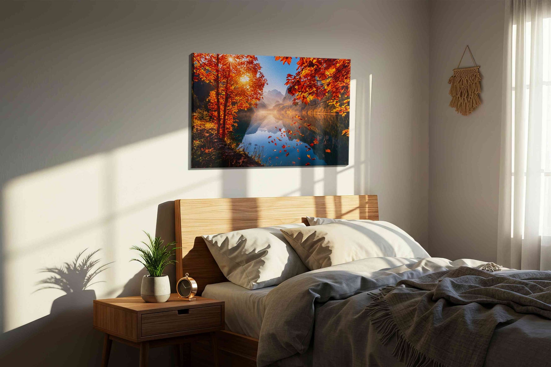 Emberfall Over Mirror Lake autumn canvas print, displayed in a bedroom