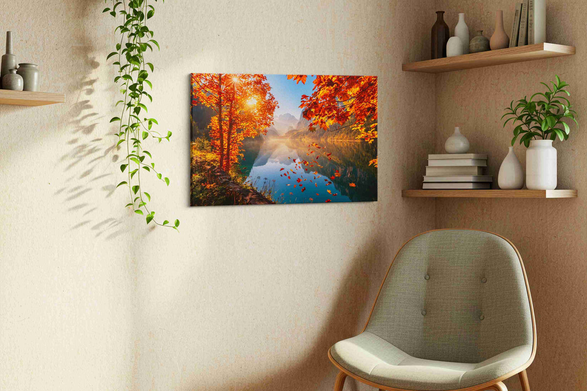 Emberfall Over Mirror Lake autumn canvas print, displayed in a living room