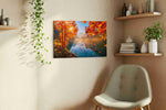 Emberfall Over Mirror Lake autumn canvas print, displayed in a living room