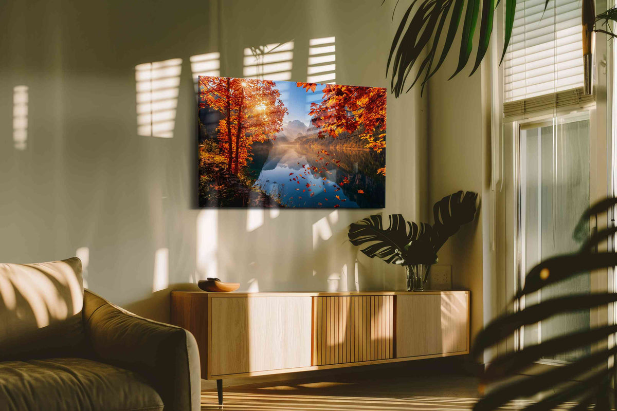 Emberfall Over Mirror Lake autumn canvas print, hanging on wall