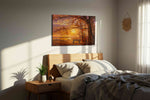 Emberlight Woodland Reverie autumn canvas print, displayed in a bedroom