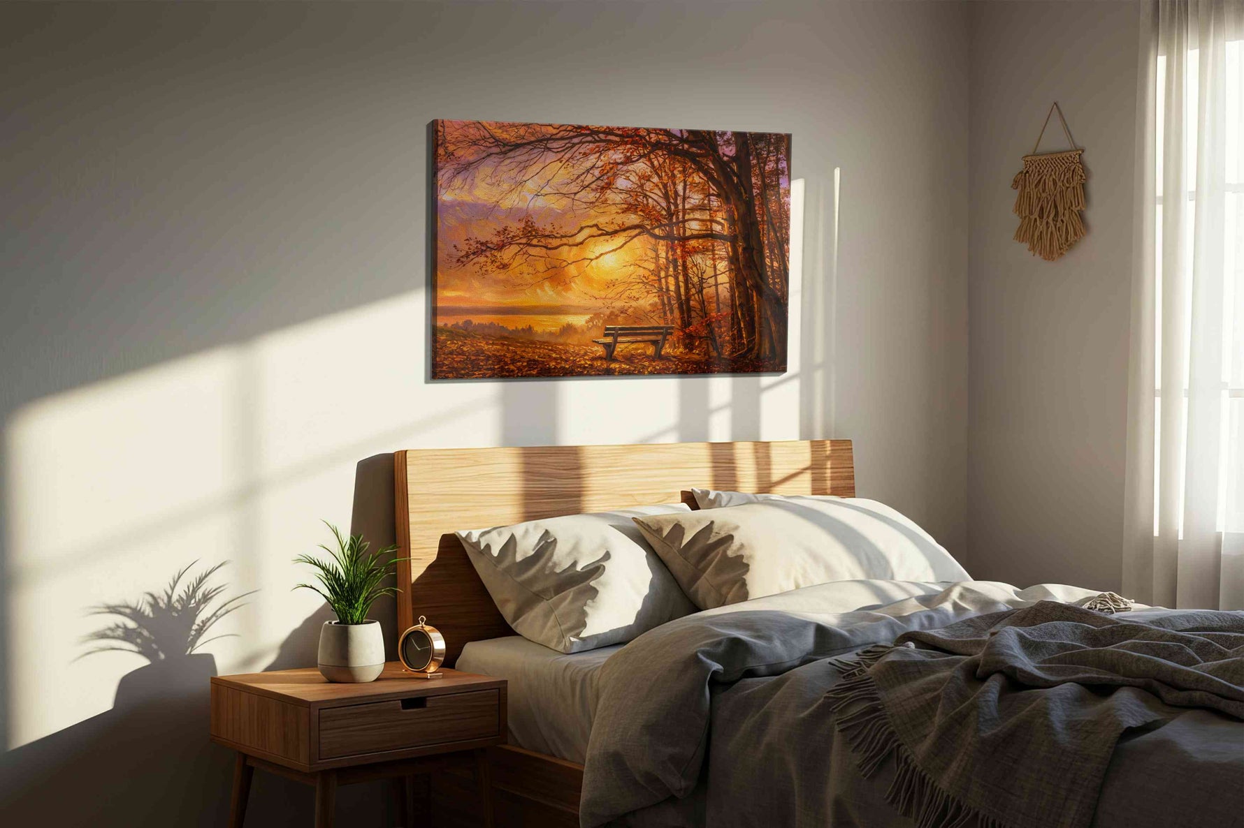 Emberlight Woodland Reverie autumn canvas print, displayed in a bedroom