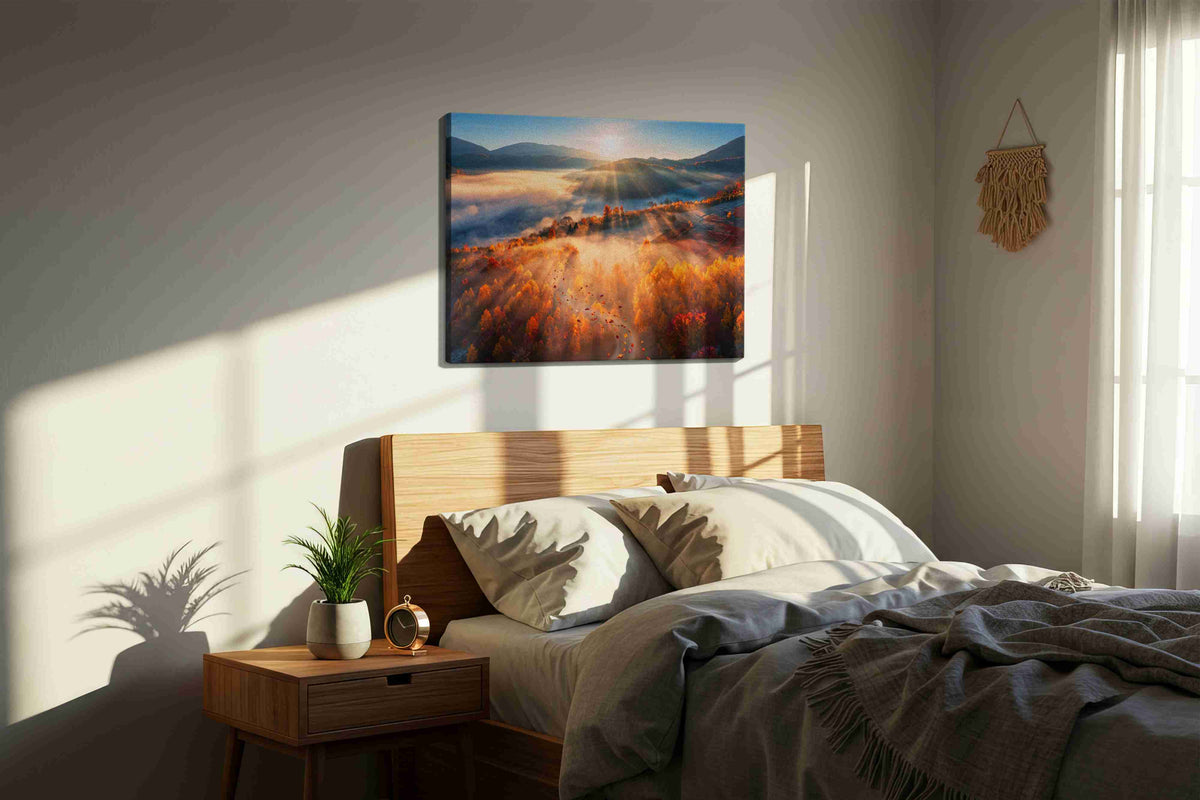 Emberveil Dawn autumn canvas print, displayed in a bedroom