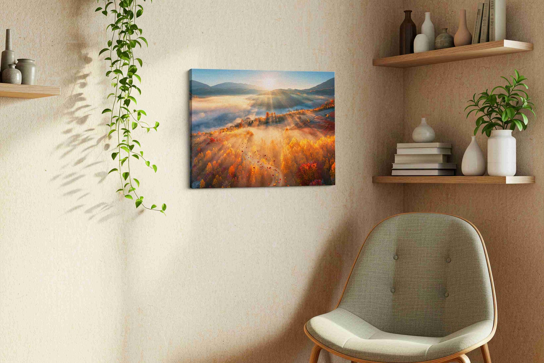Emberveil Dawn autumn canvas print, displayed in a living room