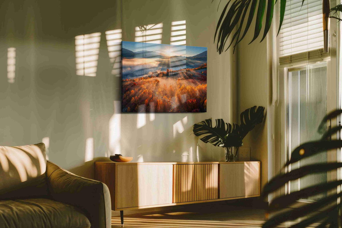 Emberveil Dawn autumn canvas print in a contemporary interior mockup
