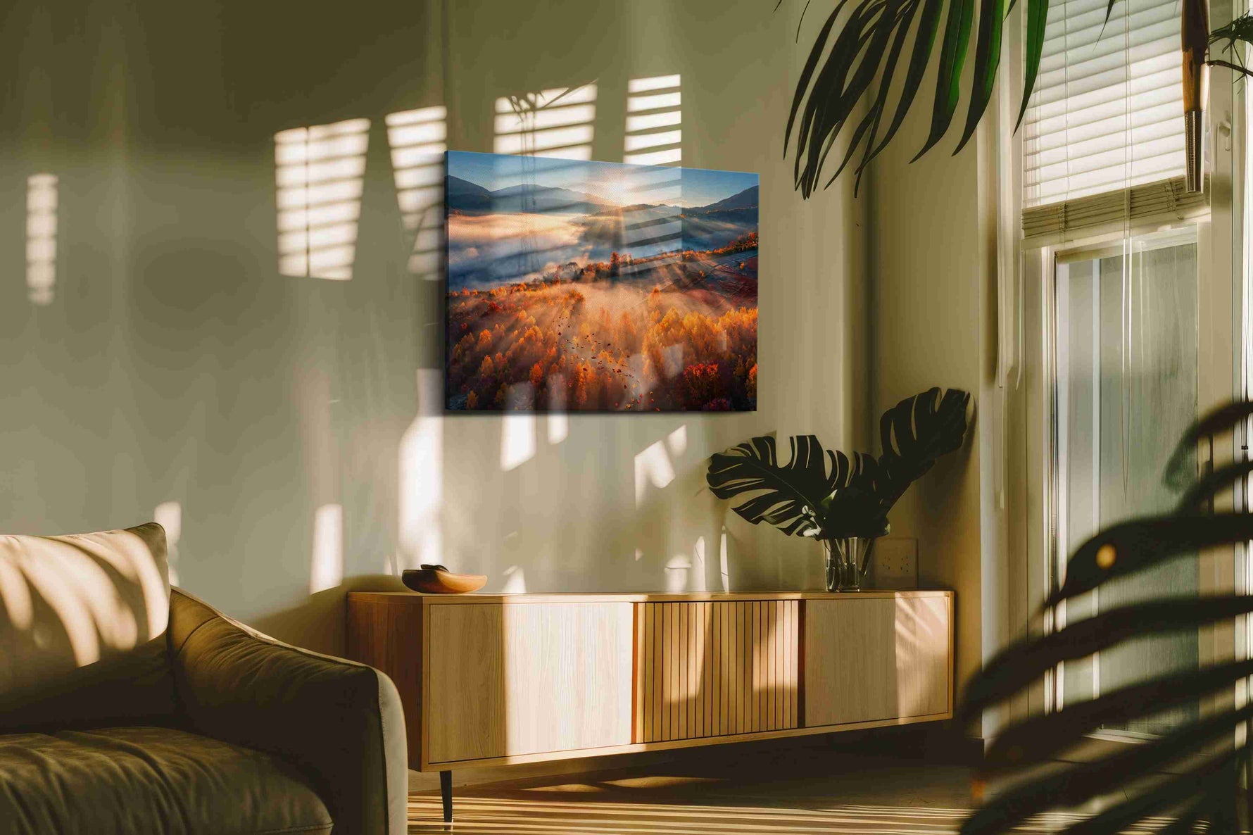 Emberveil Dawn autumn canvas print in a contemporary interior mockup