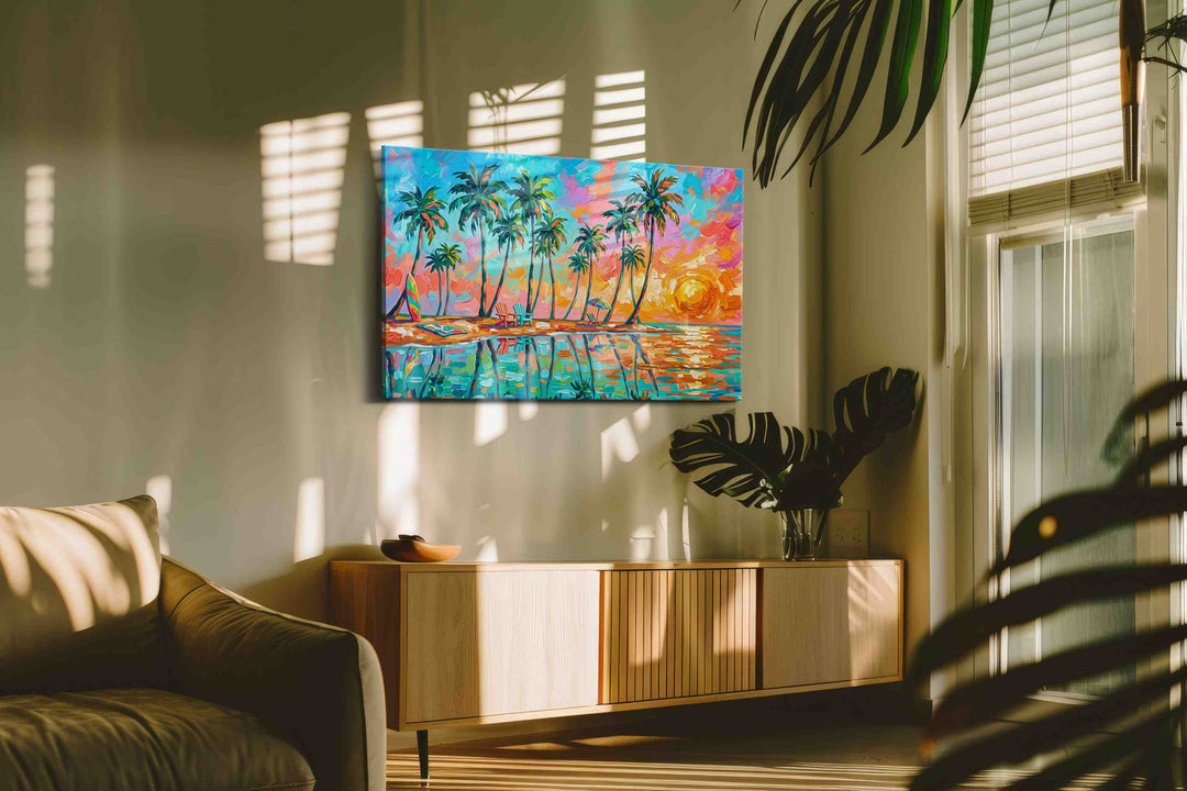 Coral Skies at Palm Mirage - Beach Wall Art, Coastal Canvas Print, Tropical Decor