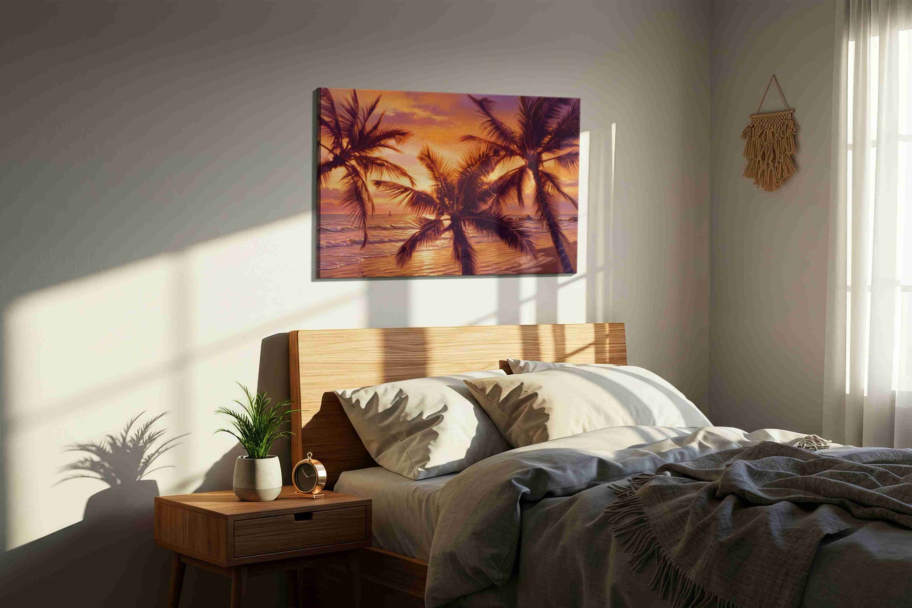 Ember Tide Palms beach canvas print, displayed in a bedroom