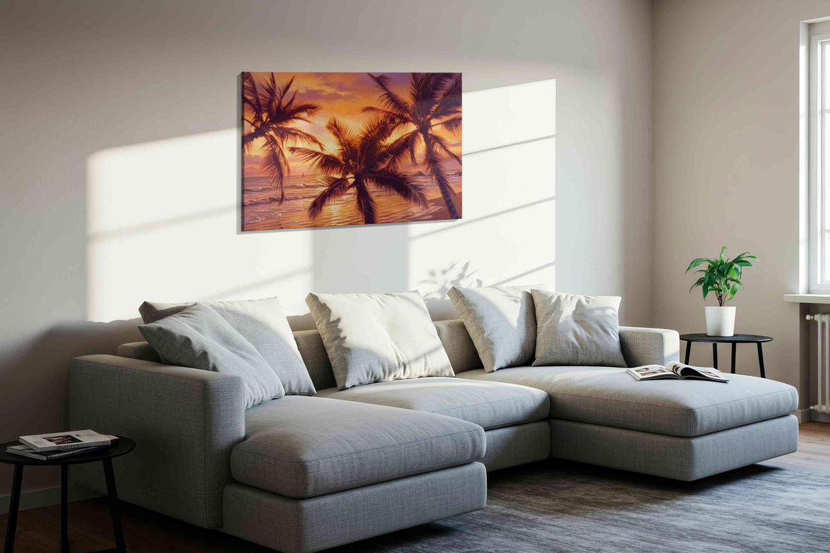 Ember Tide Palms beach canvas print, displayed in a living room