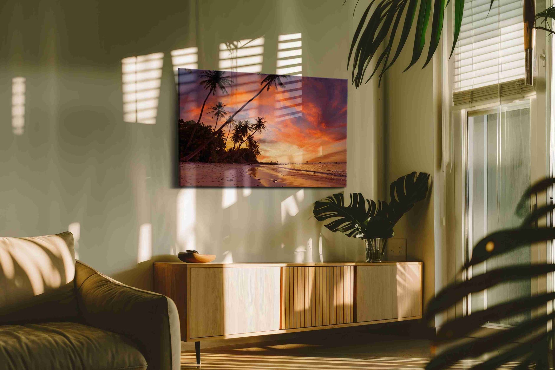 Ember Tide Palms II beach canvas print, on wall, lifestyle preview