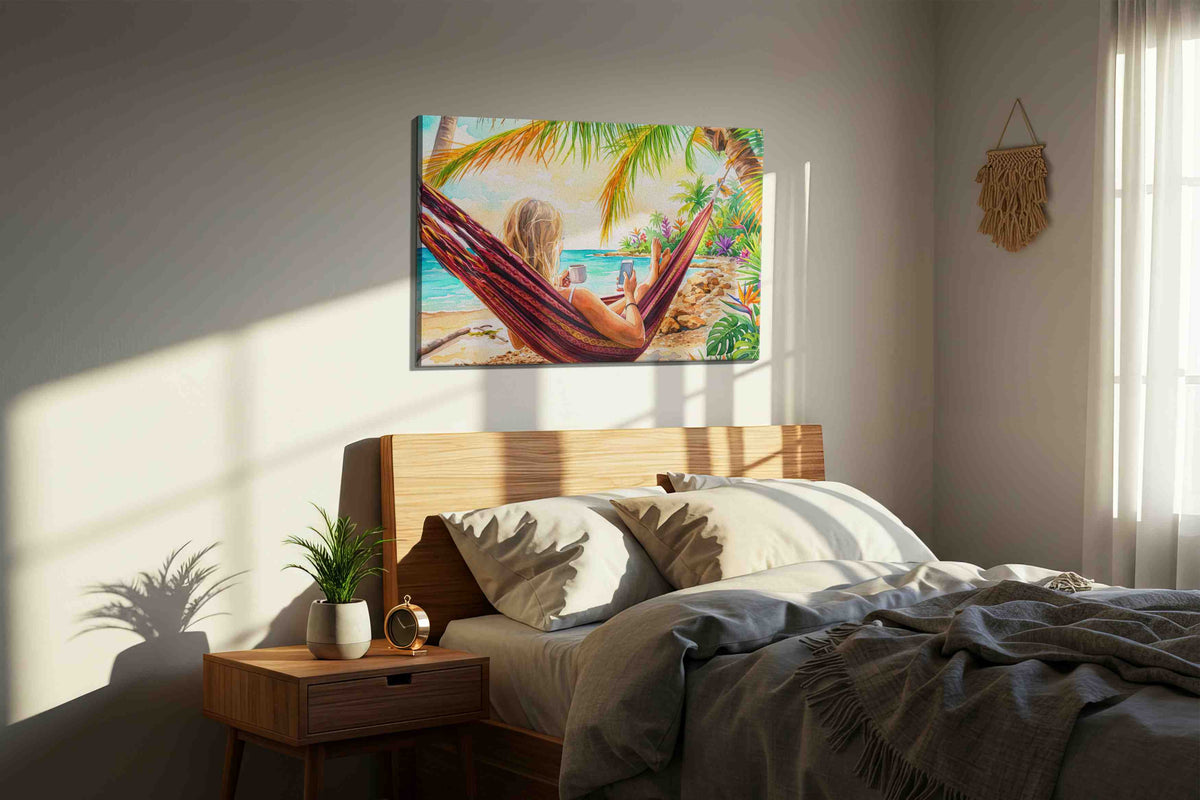 Hammock Between Tides beach canvas print, displayed in a bedroom