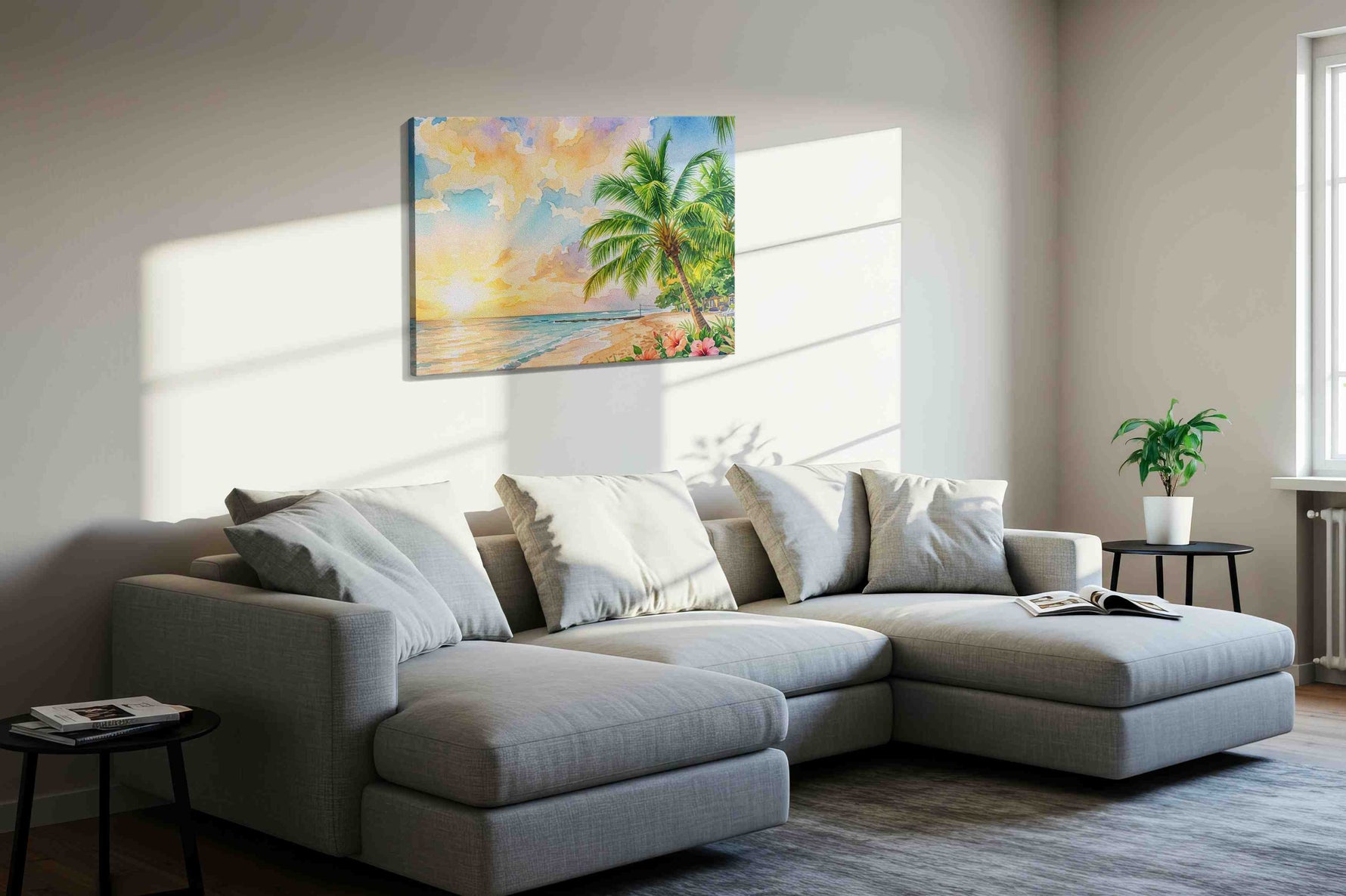Hibiscus Tide Serenade beach canvas print in a living room scene