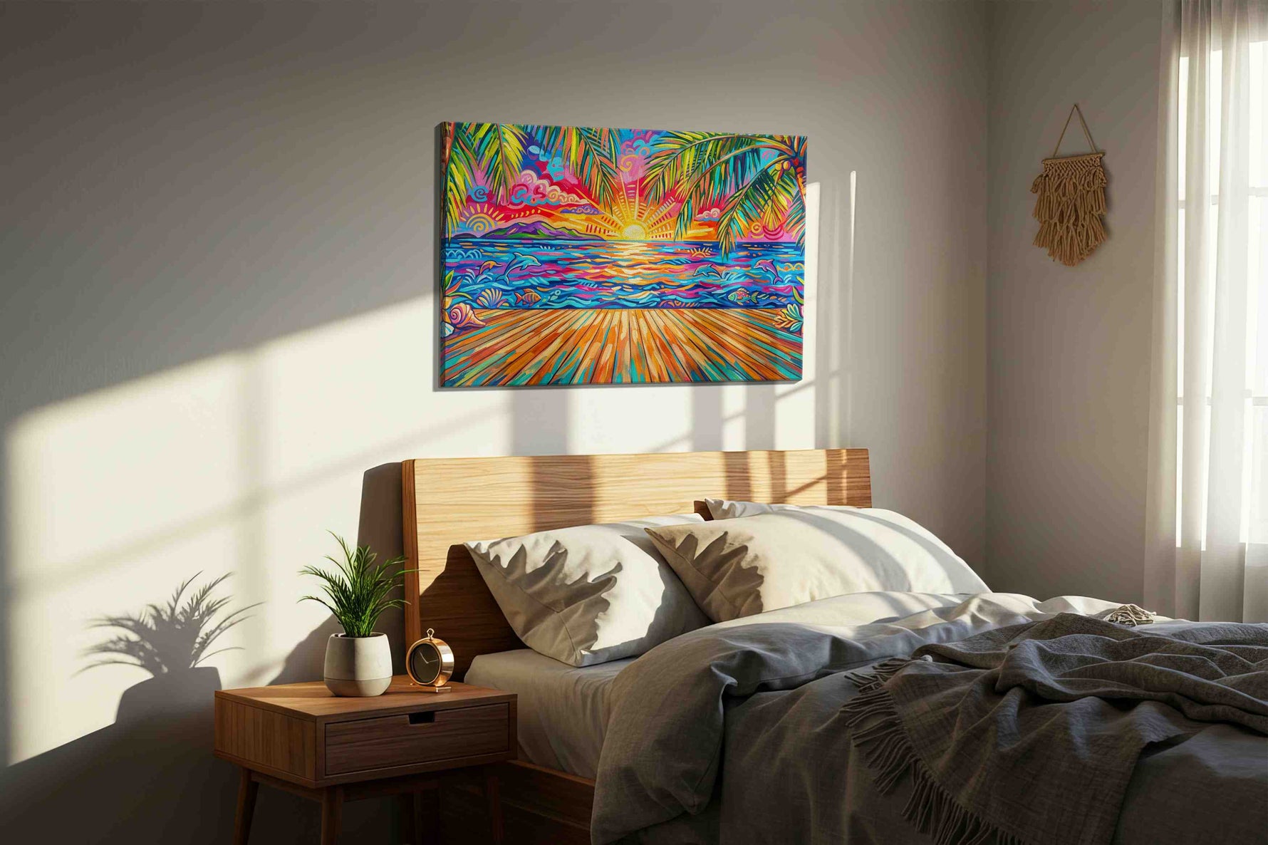 Neon Tides at Paradise Dawn beach canvas print, displayed in a bedroom