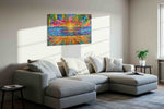 Neon Tides at Paradise Dawn beach canvas print, displayed in a living room
