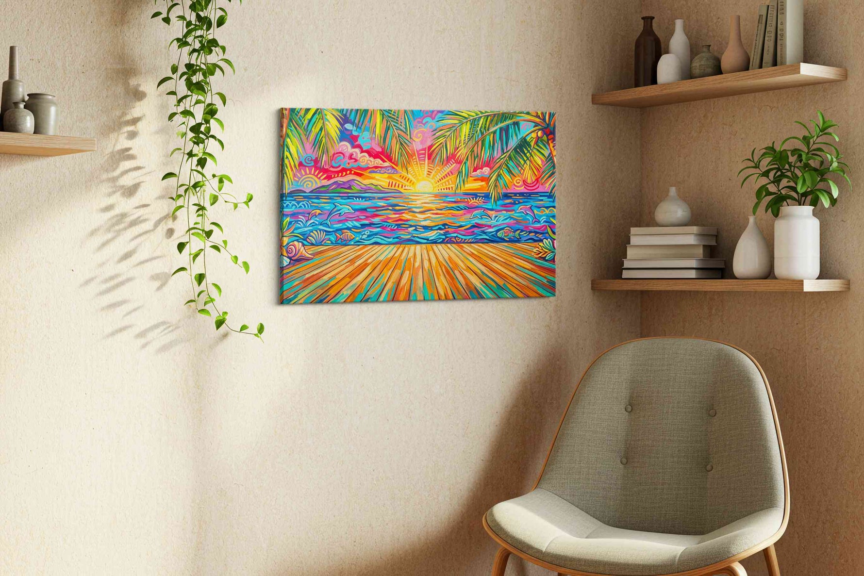 Neon Tides at Paradise Dawn beach canvas print, hanging on wall — view 3