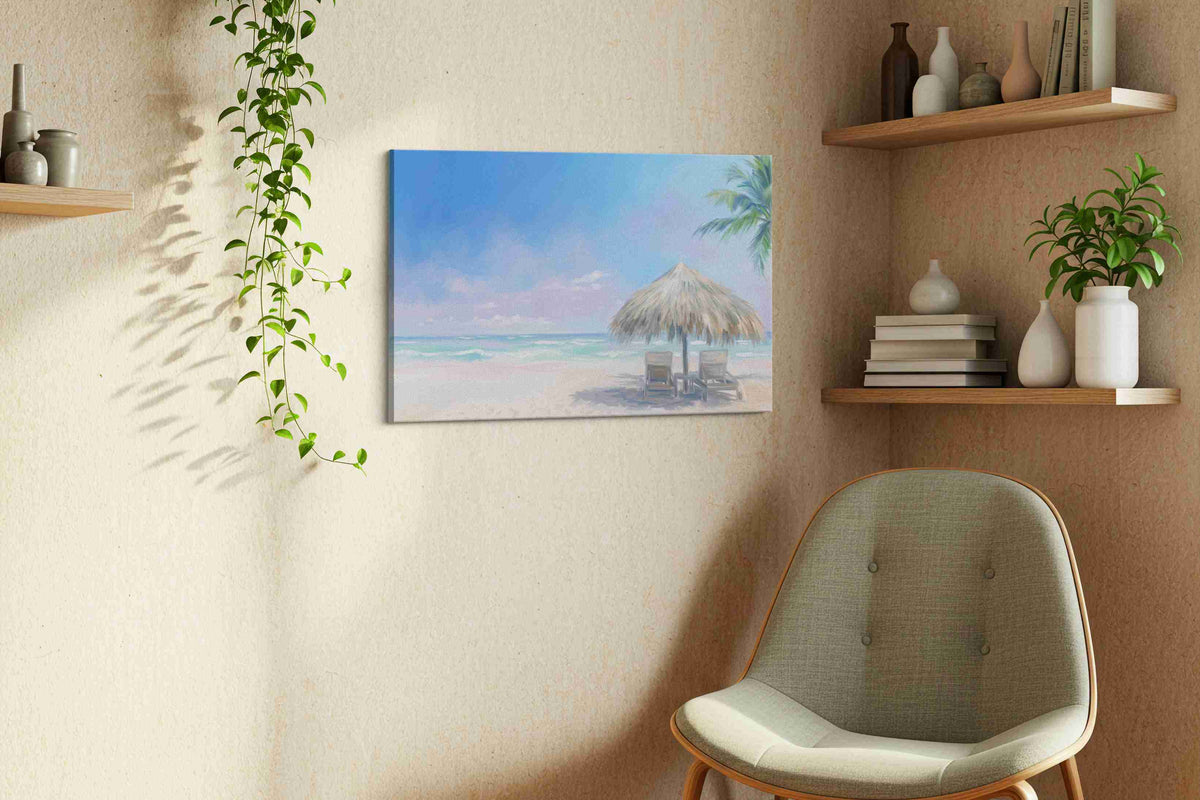 Pastel Tide Reverie beach canvas print, displayed in a living room