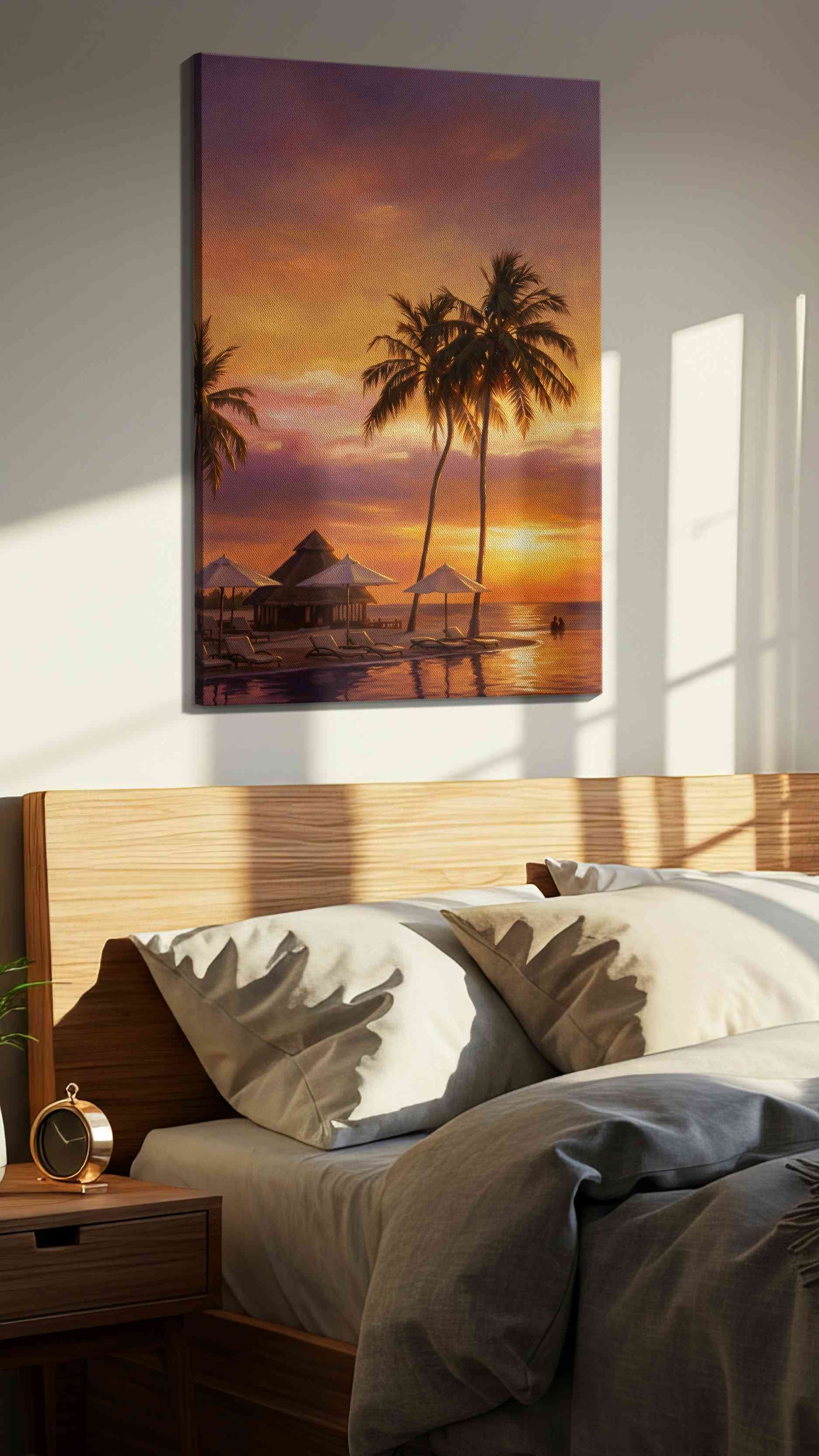 Saffron Tide Reverie beach canvas print, displayed in a bedroom