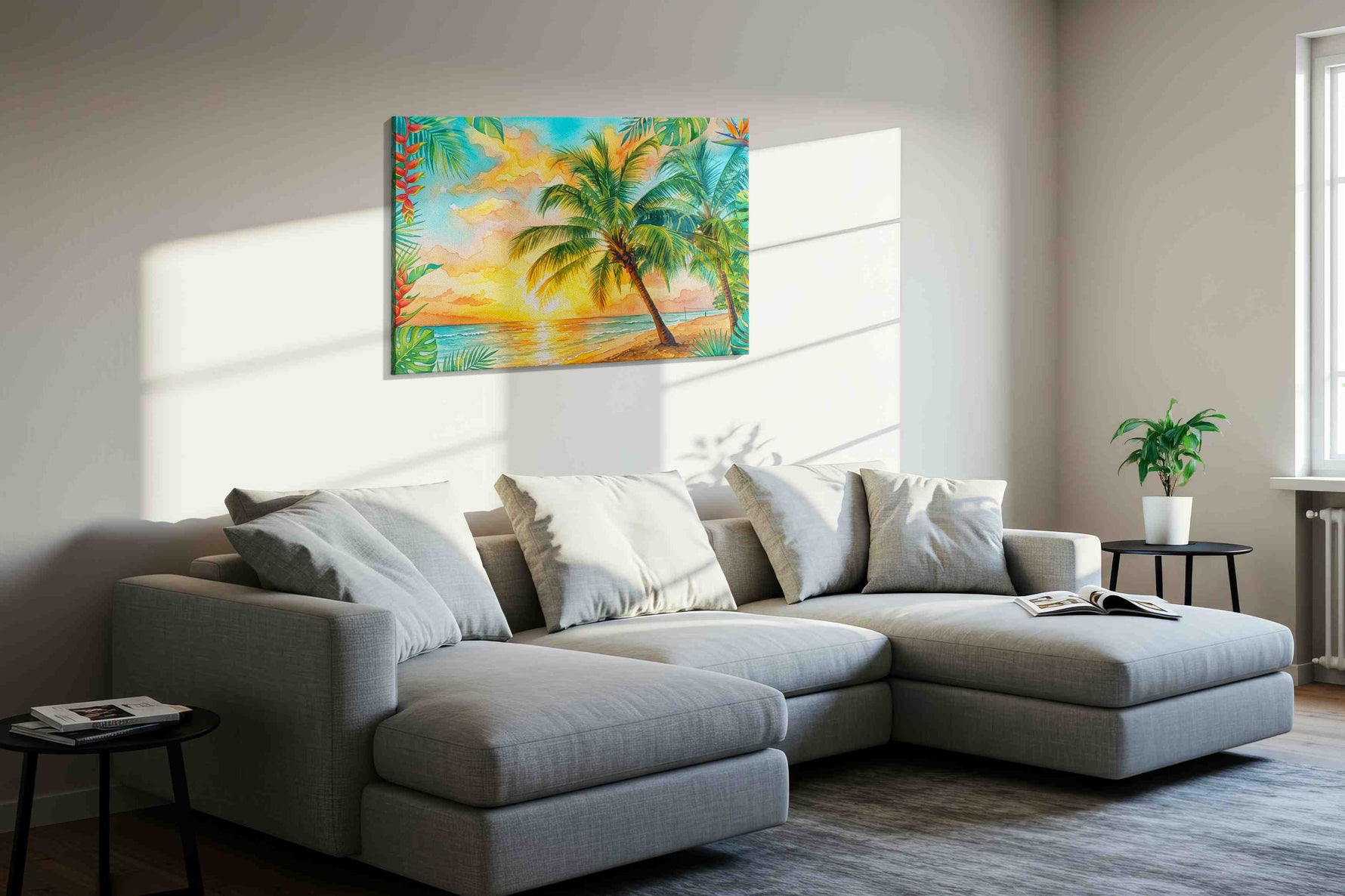 Sunlit Eden Shore beach canvas print in a living room scene
