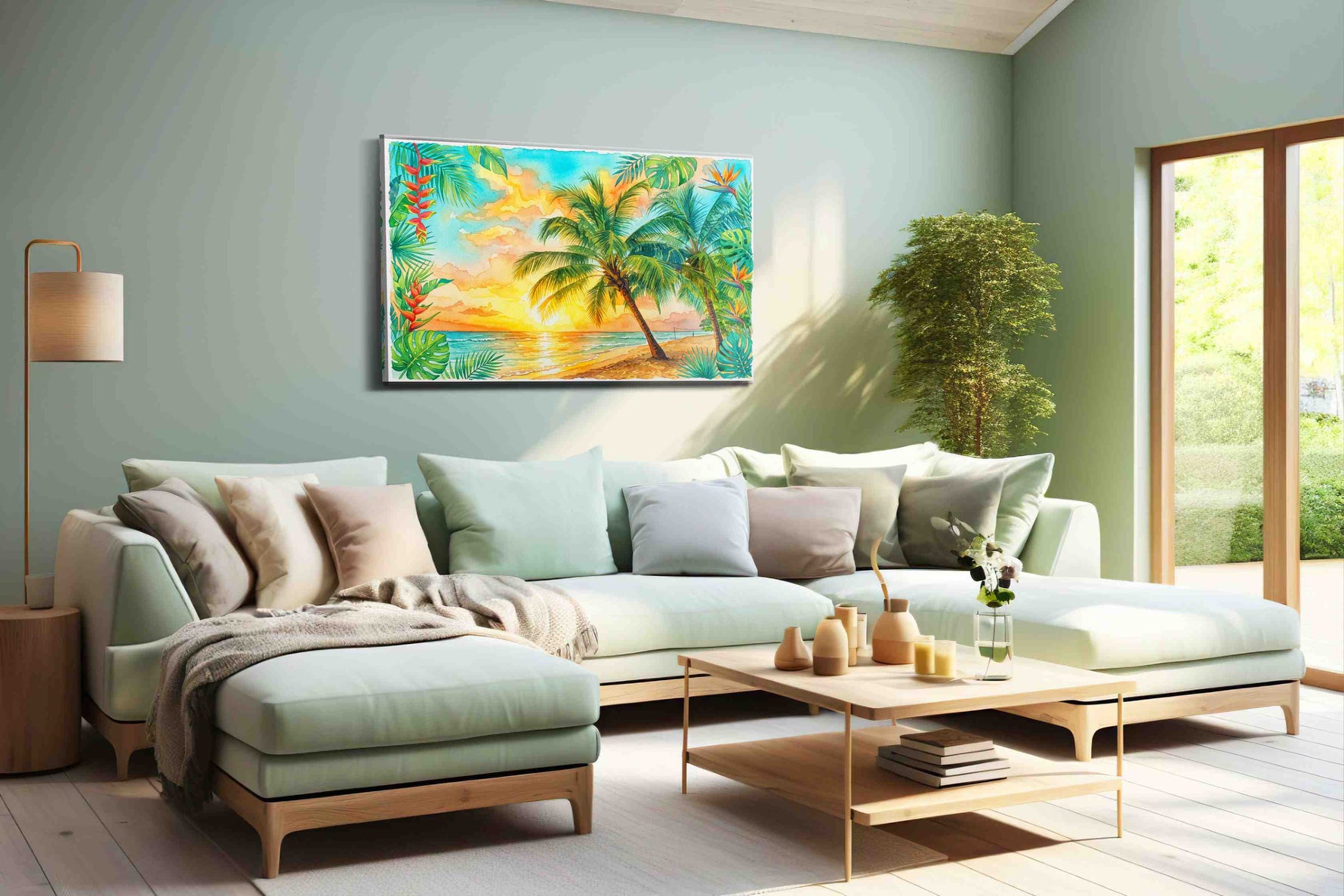 Sunlit Eden Shore beach canvas print, hanging on wall