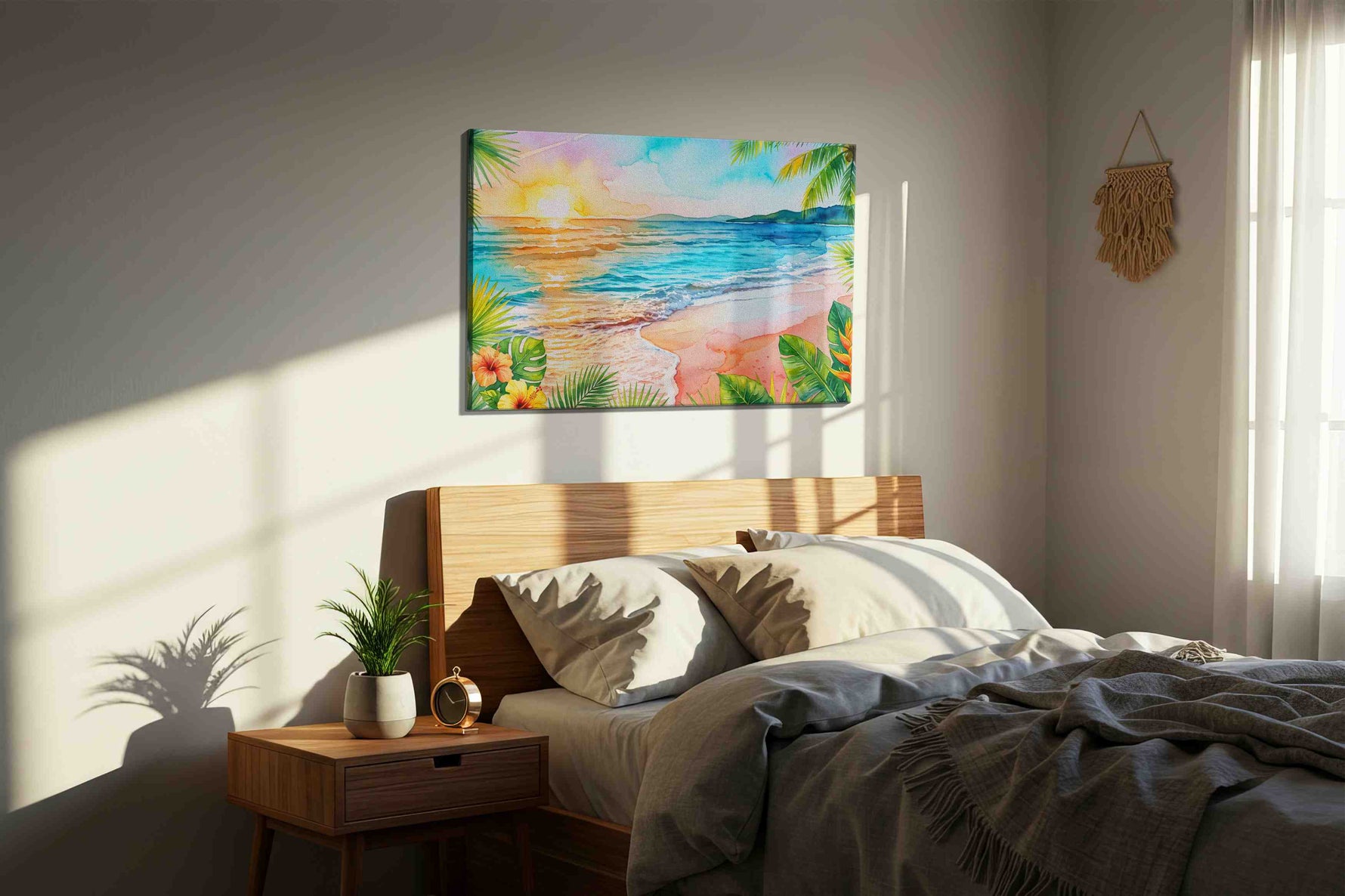 Sunlit Hibiscus Tide beach canvas print, displayed in a bedroom