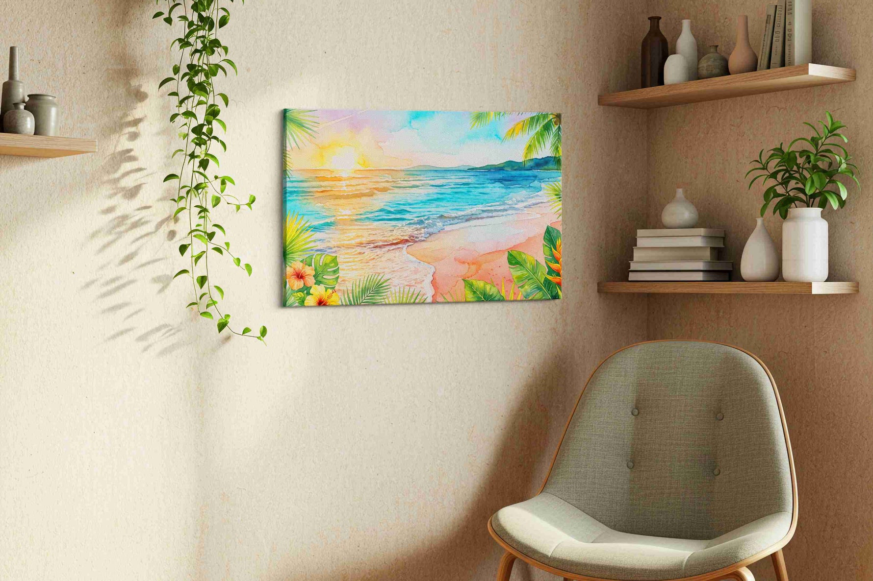 Sunlit Hibiscus Tide beach canvas print in a living room scene