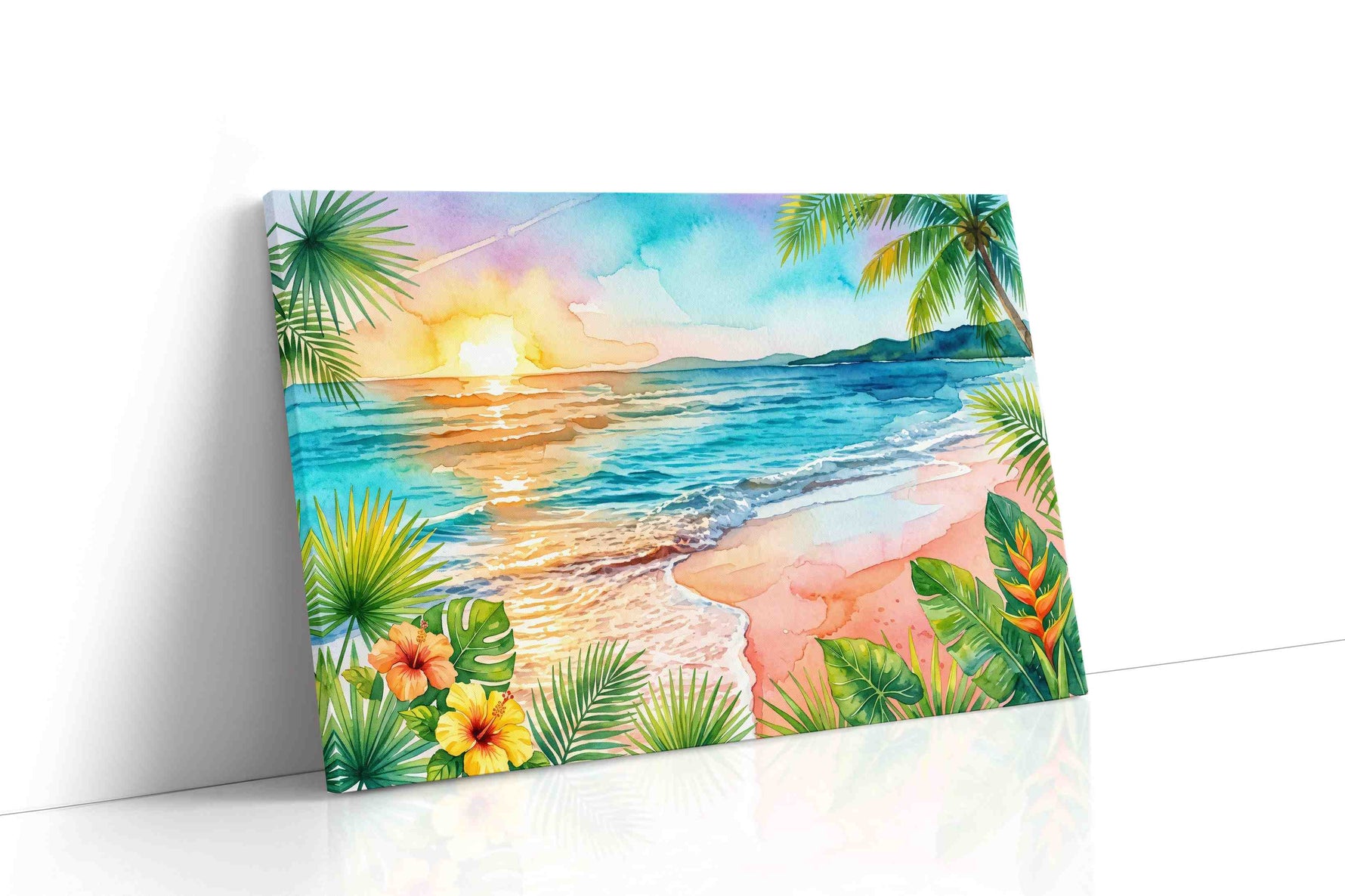 Sunlit Hibiscus Tide beach canvas print, gallery-wrapped, ready to hang
