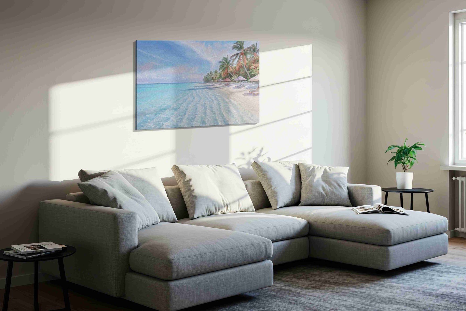 Whispers of the Tidal Palms beach canvas print, displayed in a living room