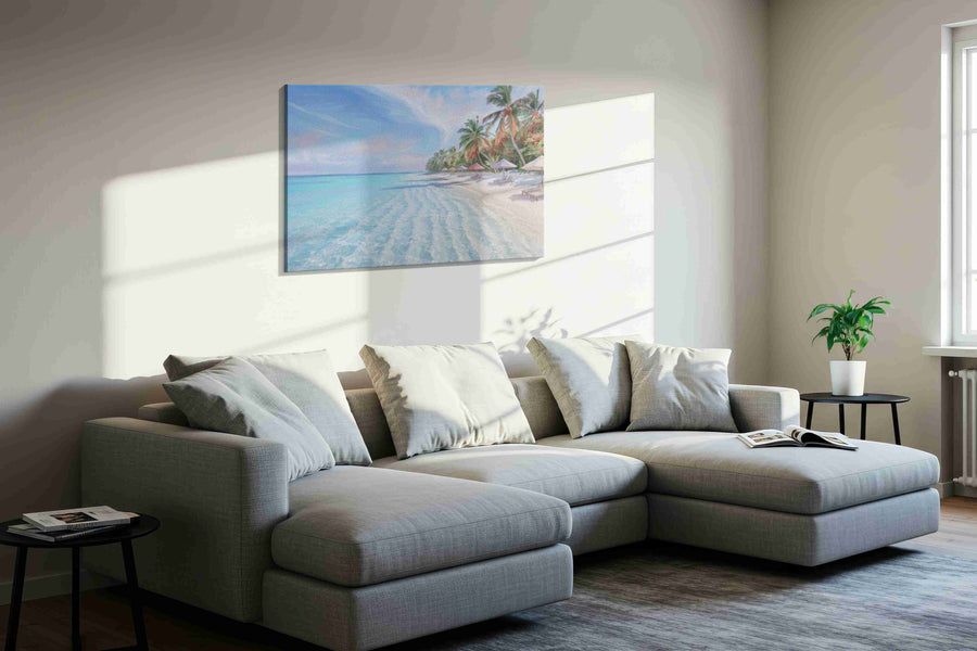 Whispers of the Tidal Palms beach canvas print, displayed in a living room
